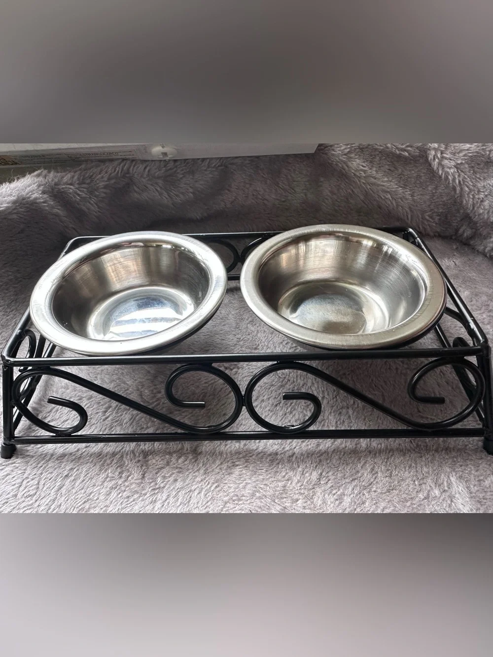 Small Raised Pet Feeder with Double Stainless Steel Bowls Black Scroll Stand